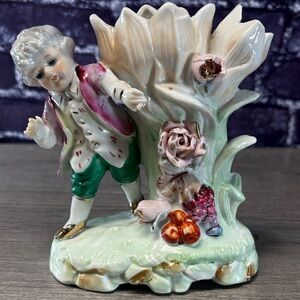 Vintage Porcelian Bisque Victorian Boy Double Bud Vase